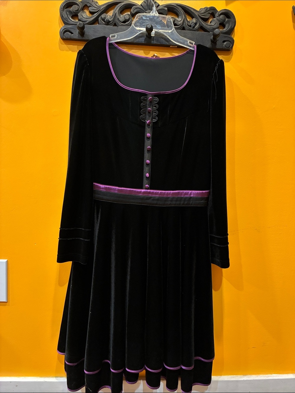 Vintage Black Velvet Long-Sleeve Dress with Purple Trim